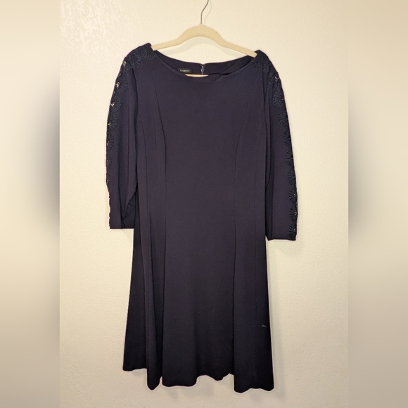 Talbot's Lace Sleeve Ponte Fit & Flare Navy Dress - Picture 8 of 8